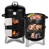 HAOYYE Black Vertical Charcoal Smoker Grill with Double Layer Design, Thermometer, Adjustable Air Vents and Lid, Ideal for Outdoor Backyard Patio Camping BBQ Cooking, Heavy Duty and Easy to Clean
